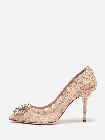 ライト アプリコットレースのハイヒールの尖ったラインストーン黒の結婚式の靴