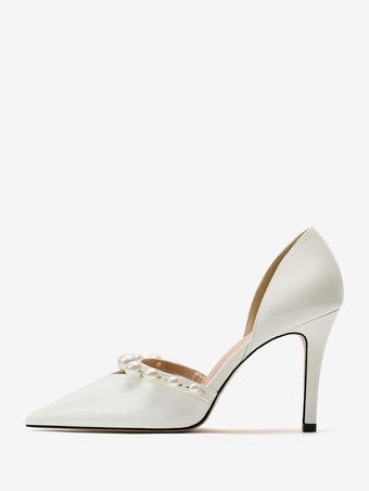 ホワイト ヌード ハイヒール パール ポインテッド スティレット ヒール ブライダル シューズ