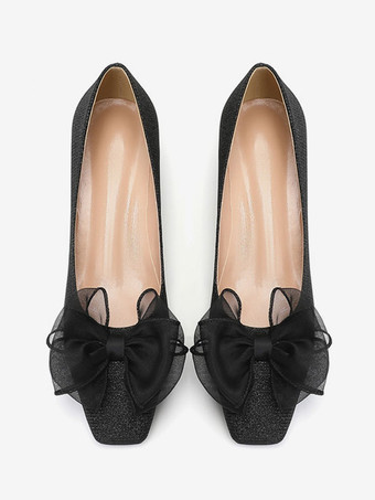 女性用 ミッドローヒール スリッポン リボン スクエアトゥ パンプス チャンキーヒール オフィス キャリア ブラック