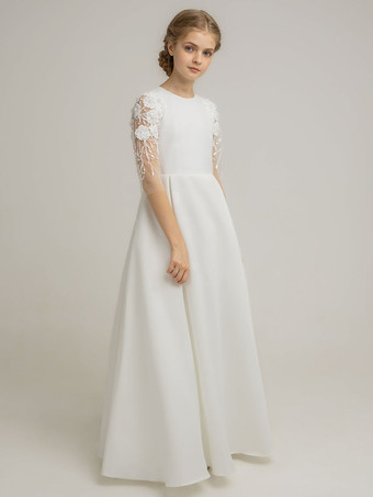 アイボリーウェディングパーティードレス かわいいウェディングフラワーガールドレス フラワーガールドレス 子供社交パーティードレス 半袖 レース アイボリー