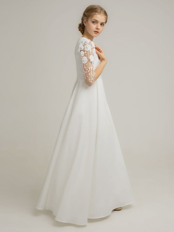 ウェディングパーティードレス かわいいウェディングフラワーガールドレス フラワーガールドレス 子供社交パーティードレス 半袖 レース アイボリー