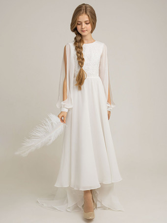 アイボリーウェディングパーティードレス ウェディング美しいフラワーガールドレス フラワーガールドレス ディナードレス 長袖 レース アイボリー