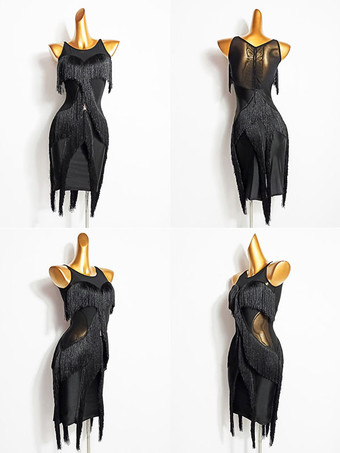 ラテンダンス衣装黒の女性のポリエステルドレスセクシーなラテンダンサーダンスウェア