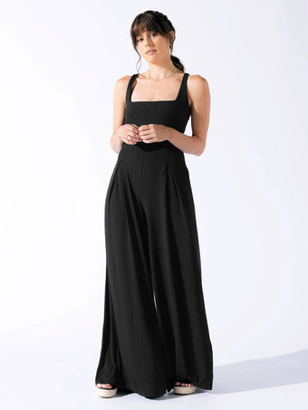 ブラック ジャンプスーツ ノースリーブ スクエア ネック プリーツ ルーズレッグ ワンピース 衣装