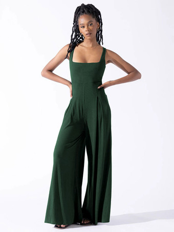 ダークグリーンブラック ジャンプスーツ ノースリーブ スクエア ネック プリーツ ルーズレッグ ワンピース 衣装