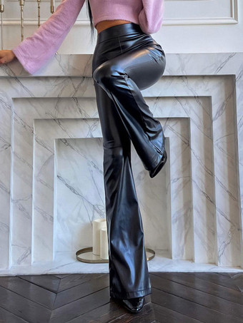 女性のための黒のPUレザーパンツ上げウエストフレアレッグパンツ