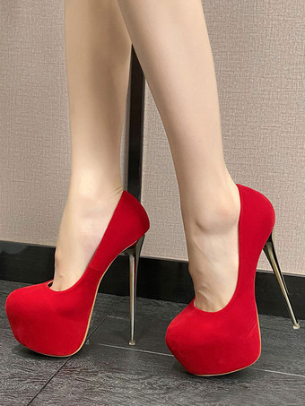 レッド 女性のセクシーなハイヒール スティレットヒール スエード レザー パンプス