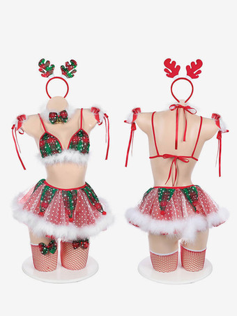 魅惑的なコスチューム フェイクファートリム チェック柄 クリスマステーマコスチューム