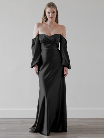 ブラックブライドメイドドレス シース床長さのジッパー弾性シルクのようなサテンのウェディングパーティードレス