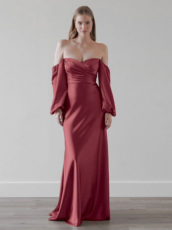 バーガンディーブライドメイドドレス シース床長さのジッパー弾性シルクのようなサテンのウェディングパーティードレス