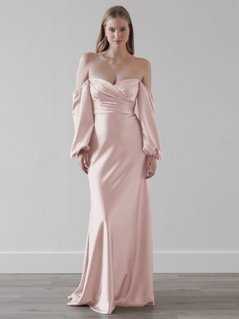 サーモンピンクブライドメイドドレス シース床長さのジッパー弾性シルクのようなサテンのウェディングパーティードレス