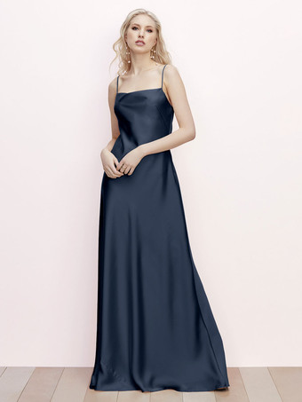 Dark NavyBridesmaid Dress A-Line Floor-Length Backless Satin Fabric Formal Gowns