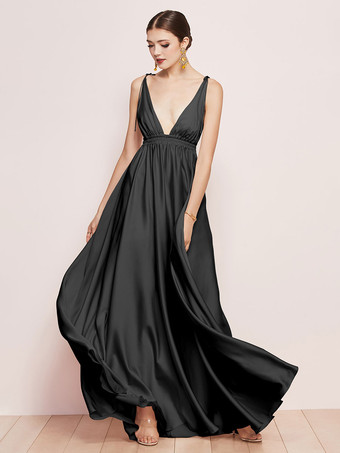 BlackBridesmaid Dresses Satin Fabric A-Line Floor-Length Prom Dress