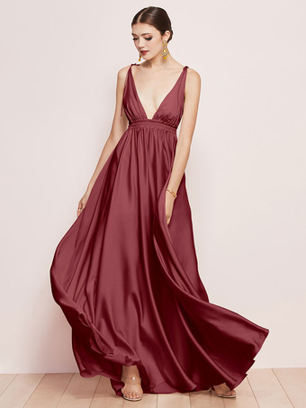 BurgundyBridesmaid Dresses Satin Fabric A-Line Floor-Length Prom Dress