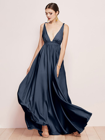 Dark NavyBridesmaid Dresses Satin Fabric A-Line Floor-Length Prom Dress