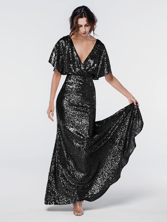 ブラックブライドメイドドレス スパンコール付き マーメイド マキシレングス フォーマルガウン