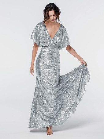 シルバーブライドメイドドレス スパンコール付き マーメイド マキシレングス フォーマルガウン