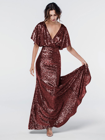 バーガンディーブライドメイドドレス スパンコール付き マーメイド マキシレングス フォーマルガウン