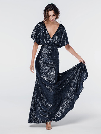 ダークネイビーブライドメイドドレス スパンコール付き マーメイド マキシレングス フォーマルガウン