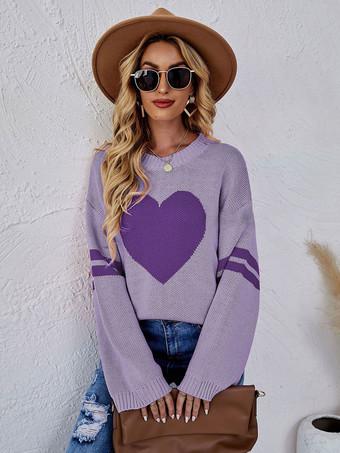 Heart Printed Sweater Round Neck Drop Shoulder Contrast Women's