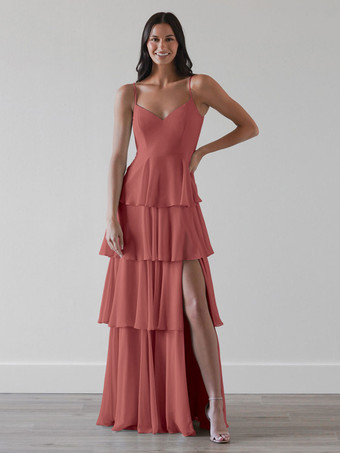 ブリックレッドブライドメイドドレス Aライン マキシレングス ジッパー シフォン プロムドレス