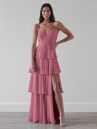 コーラルレッドブライドメイドドレス Aライン マキシレングス ジッパー シフォン プロムドレス