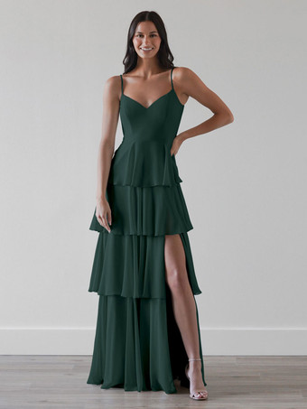 ダークグリーンブライドメイドドレス Aライン マキシレングス ジッパー シフォン プロムドレス