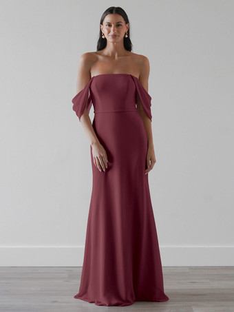 バーガンディーブライドメイドドレス シフォン Aライン マキシレングス プロムドレス