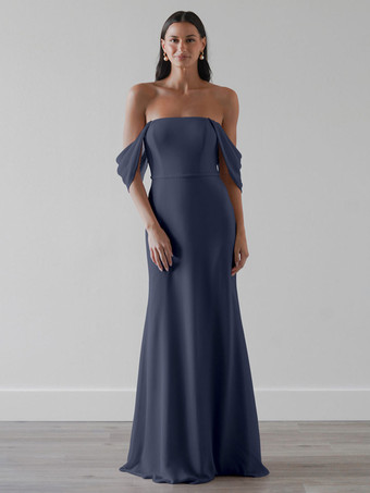 ブルーブライドメイドドレス シフォン Aライン マキシレングス プロムドレス