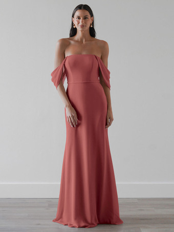 ブリックレッドブライドメイドドレス シフォン Aライン マキシレングス プロムドレス