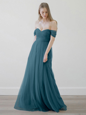 シアンブライドメイドドレス Aライン マキシレングス ジッパー チュール ウェディングパーティードレス