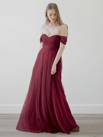 バーガンディーブライドメイドドレス Aライン マキシレングス ジッパー チュール ウェディングパーティードレス