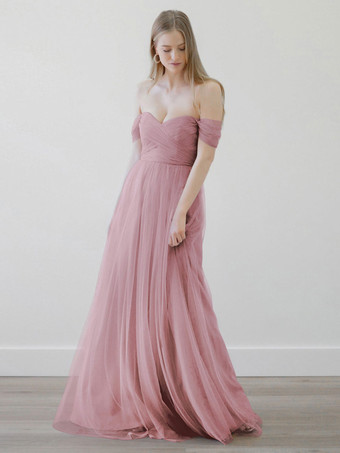 サーモンピンクブライドメイドドレス Aライン マキシレングス ジッパー チュール ウェディングパーティードレス