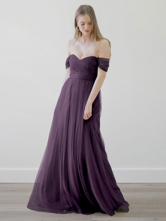 プラムブライドメイドドレス Aライン マキシレングス ジッパー チュール ウェディングパーティードレス