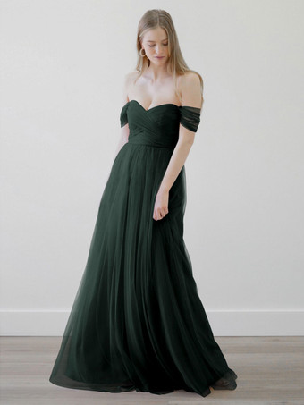 ダークグリーンブライドメイドドレス Aライン マキシレングス ジッパー チュール ウェディングパーティードレス