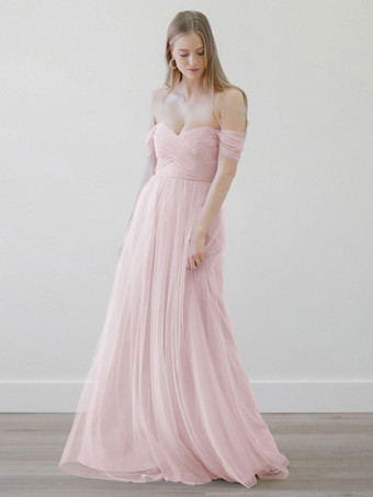 ソフトピンクブライドメイドドレス Aライン マキシレングス ジッパー チュール ウェディングパーティードレス