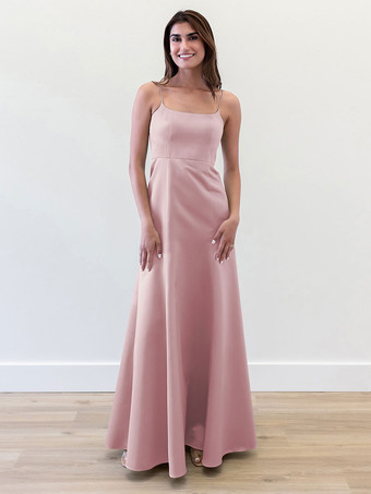 サーモンピンクブライズメイドドレス Aライン マキシレングス ジッパー サテン生地 ウェディングパーティードレス