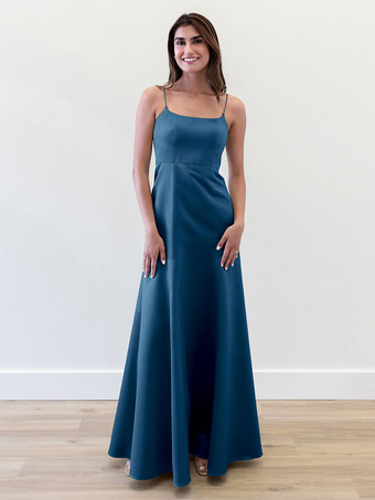 ブルーブライズメイドドレス Aライン マキシレングス ジッパー サテン生地 ウェディングパーティードレス