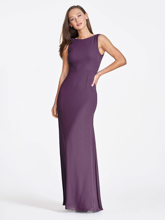 プラムブライドメイドドレス シフォン シース マキシレングス ウェディング パーティー ドレス