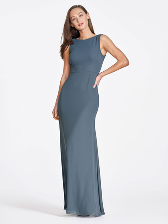 ブルーブライドメイドドレス シフォン シース マキシレングス ウェディング パーティー ドレス