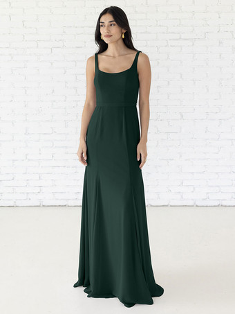ダークグリーンブライズメイドドレス Aライン マキシレングス ジッパー シフォン ウェディングパーティードレス