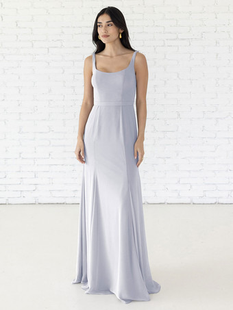 ベビーブルーブライズメイドドレス Aライン マキシレングス ジッパー シフォン ウェディングパーティードレス