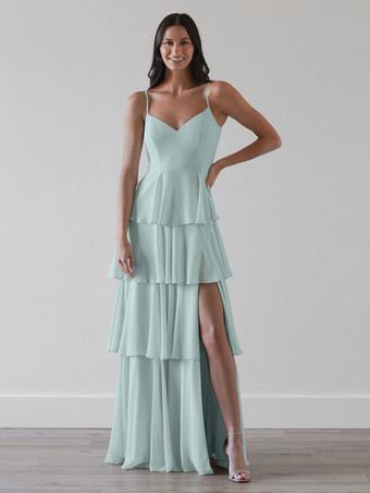 ミントグリーンブライドメイドドレス Aライン マキシレングス ジッパー シフォン プロムドレス