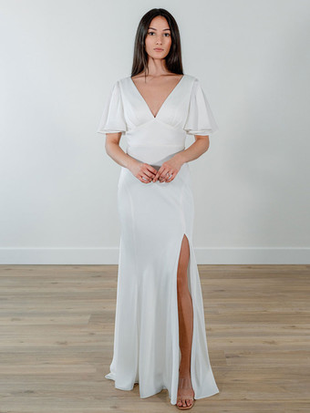 ホワイトシンプルなウェディングドレス サテン生地 Vネック 半袖 スプリットフロント マーメイド ブライダルドレス