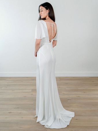 シンプルなウェディングドレス サテン生地 Vネック 半袖 スプリットフロント マーメイド ブライダルドレス