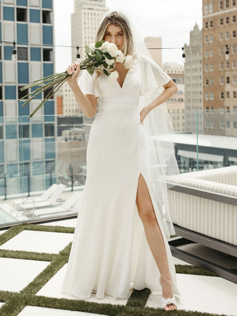 シンプルなウェディングドレス サテン生地 Vネック 半袖 スプリットフロント マーメイド ブライダルドレス