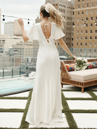 シンプルなウェディングドレス サテン生地 Vネック 半袖 スプリットフロント マーメイド ブライダルドレス