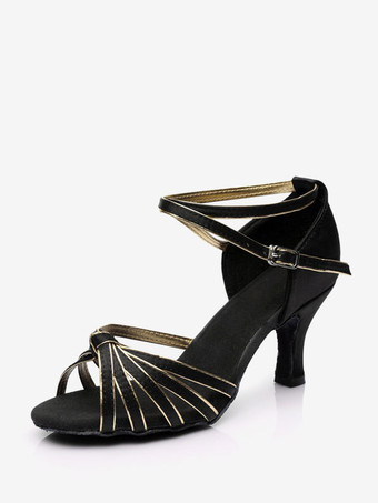 ブラックゴールドラテンダンスシューズ シルクとサテンのヌードピープトゥダンスシューズ