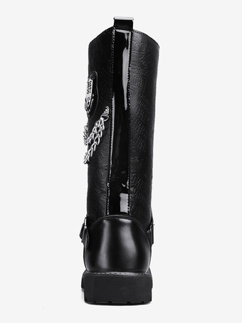 Kniehohe Arbeitsstiefel für Herren PU-Leder runde Zehen Kampfstiefel Schnallen mentale Ketten Steampunk-Stiefel