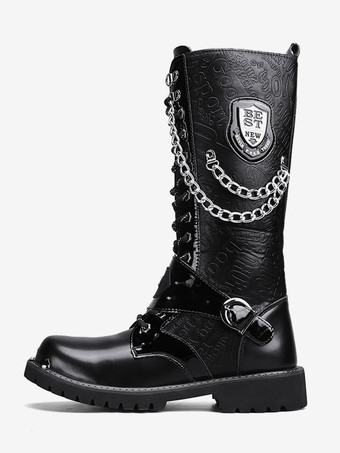 Kniehohe Arbeitsstiefel für Herren PU-Leder runde Zehen Kampfstiefel Schnallen mentale Ketten Steampunk-Stiefel